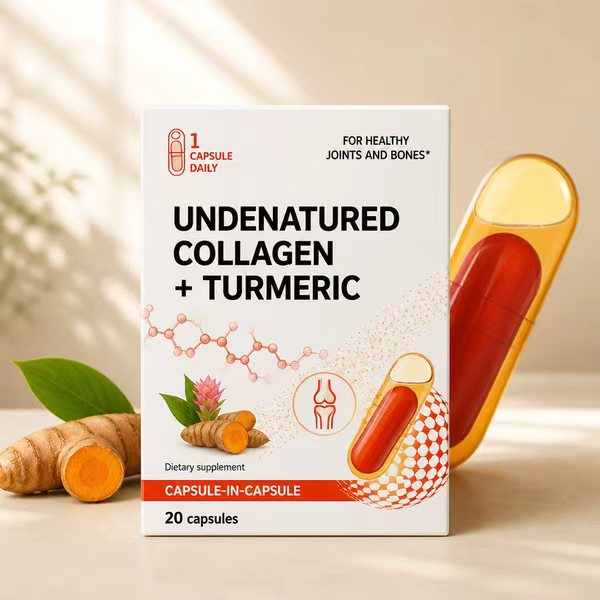 Private Label Undenatured Type II Collagen and Turmeric Capsules with Capsule-in-Capsule Technology
