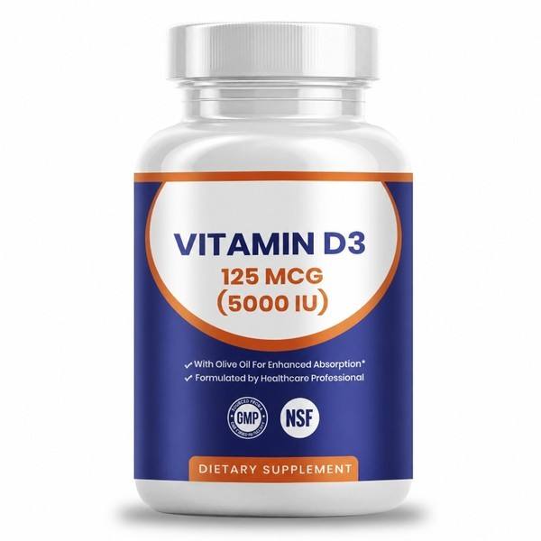Vitamin D3 5000 IU Softgels Manufacturer with Cholecalciferol and Extra Virgin Olive Oil Carrier