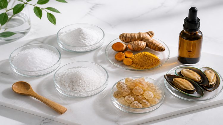 Classic and differentiated joint supplement ingredients including turmeric, green-lipped mussel, botanical extracts and powder actives