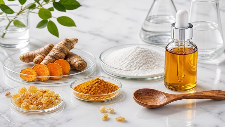 Joint health supplement active ingredients including turmeric, botanical extracts, powder ingredients and oil-based materials
