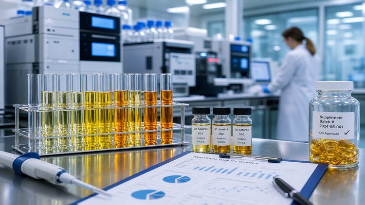 Joint health supplement quality control testing with lab samples, analytical instruments and batch approval documentation