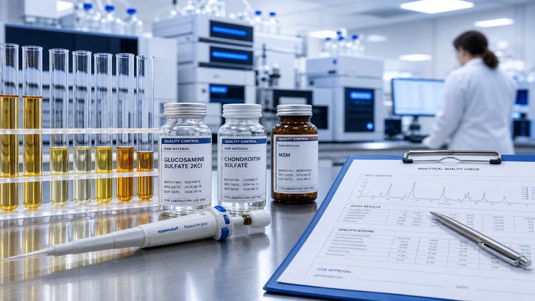 Joint supplement raw material quality evaluation with glucosamine, chondroitin, MSM testing samples and analytical documents